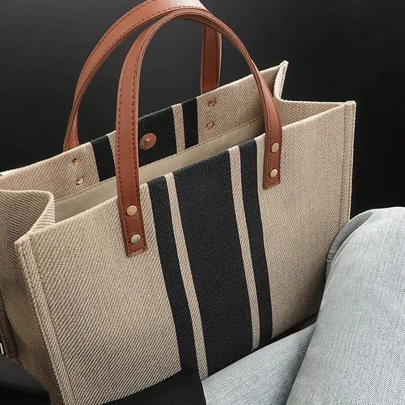 Linen Bag Bulk - Rahat tuval şerit desen büyük kapasiteli